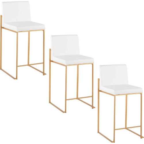 Fuji 26" High Back Counter Stool in Gold Steel & White Leatherette (Set of 3)